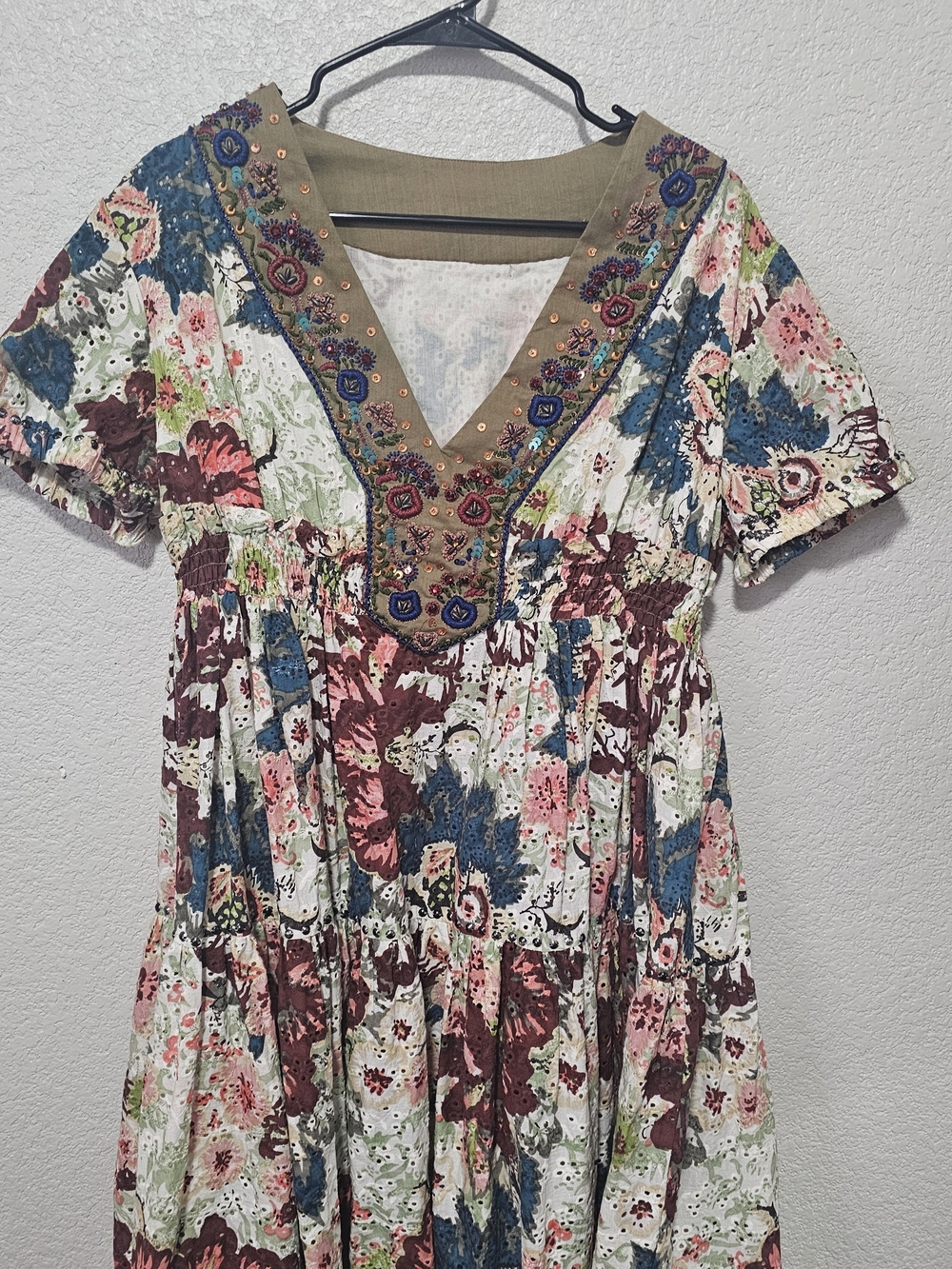 Bohemian Embroidered V-Neck Floral Midi Dress Top - Multi